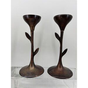 Two Vintage Solid Brass Candlesticks with‎ Leaves 7"